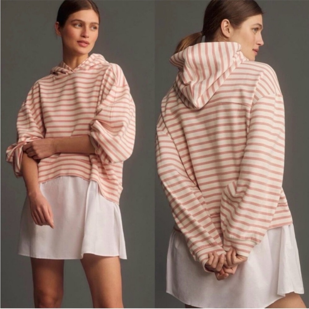 NWT Pilcro Anthropologie Hooded Sweatshirt Twofer Mini Dress Pink/White Size LP - Picture 6 of 12